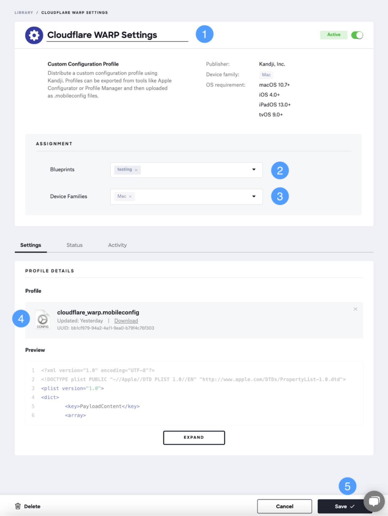 Configuring custom profile for WARP in Kandji