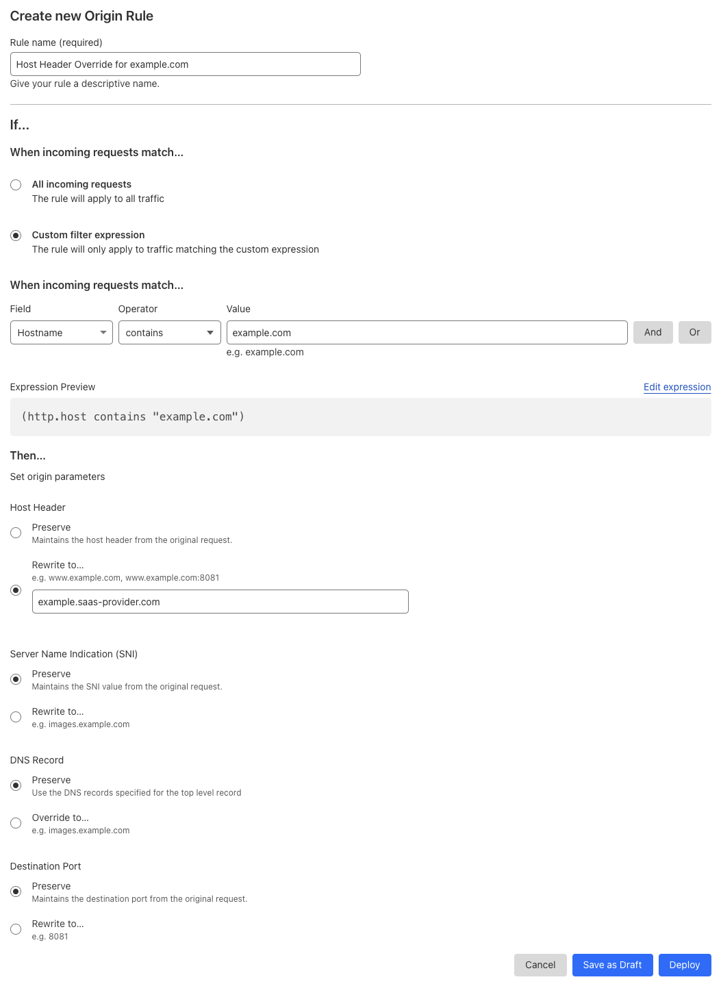 Origin rule matching the &lsquo;Host Header Override&rsquo; setting of the example Page Rule